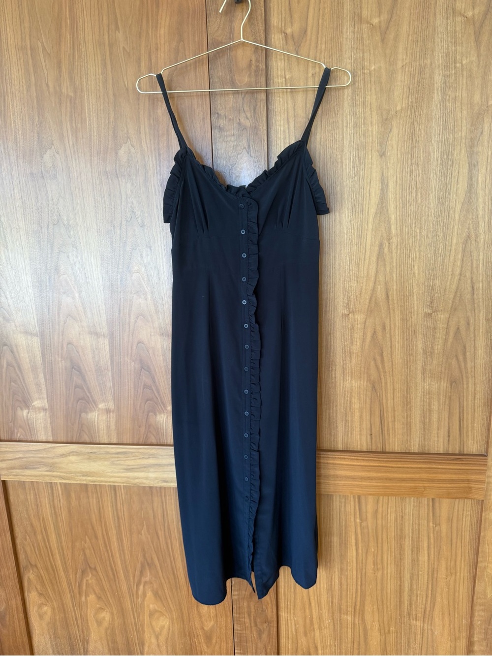 Top Shop Black Spaghetti Strap Ruffle-Trim Button Front Dress